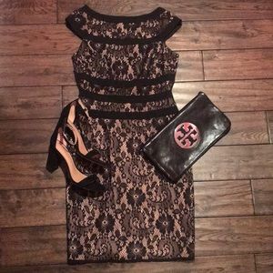 Adrianna Papell Black dress with lace overlay.